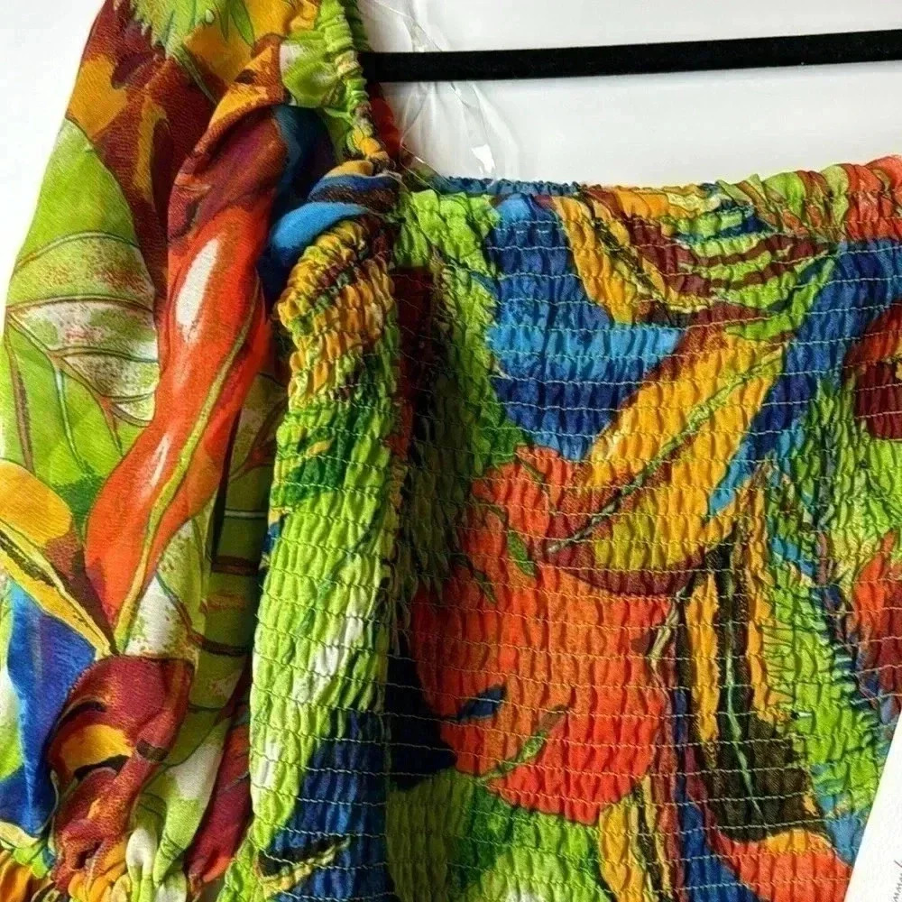 LIVE 4 TRUTH SZM tropical crop top elastic bodice flowing feminine sleeves multi - Picture 2 of 7